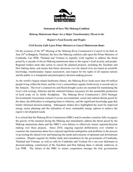 Full Statement of the Save the Mekong Coalition