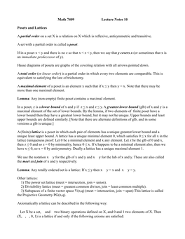 Math 7409 Lecture Notes 10 Posets and Lattices a Partial Order on a Set