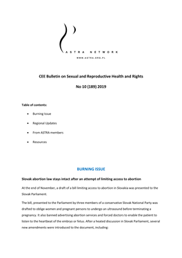CEE Bulletin on Sexual and Reproductive Health and Rights No 10 (189) 2019 BURNING ISSUE
