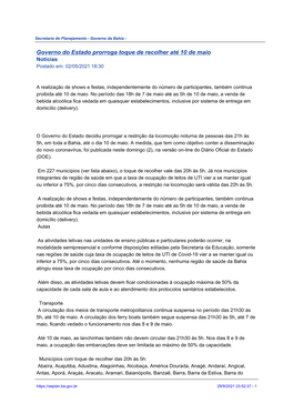 Governo Do Estado Prorroga Toque De Recolher Até 10 De Maio Notícias Postado Em: 02/05/2021 18:30