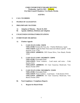 CODE ENFORCEMENT BOARD MEETING Wednesday, April 14, 2021 – 1:30 P.M