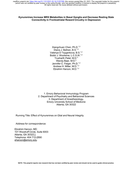 Kynurenines Increase MRS Metabolites in Basal Ganglia and Decrease Resting State Connectivity in Frontostriatal Reward Circuitry in Depression