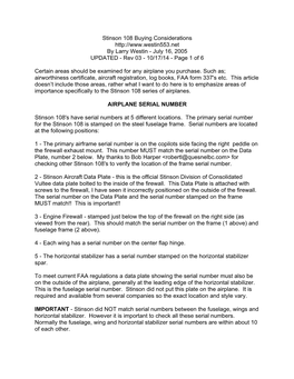 Stinson 108 Buying Considerations by Larry Westin - July 16, 2005 UPDATED - Rev 03 - 10/17/14 - Page 1 of 6