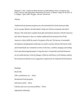 Margaret T. Hite. Traditional Book Donation to Sub-Saharan Africa: an Inquiry Into Policy, Practice and Appropriate Information Provision