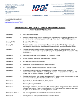 2020 National Football League Important Dates – Dates Subject to Change –