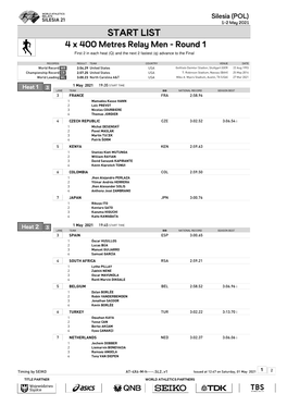 LIST 4 X 400 Metres Relay Men - Round 1 First 2 in Each Heat (Q) and the Next 2 Fastest (Q) Advance to the Final