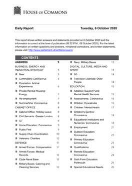 Daily Report Tuesday, 6 October 2020 CONTENTS