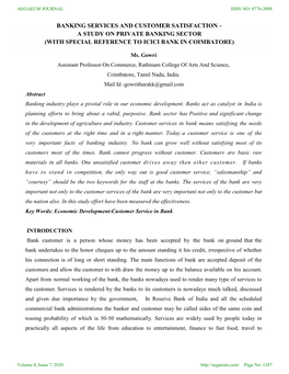 Banking Services and Customer Satisfaction – a Study on Private Banking Sector (With Special Reference to Icici Bank in Coimbatore)