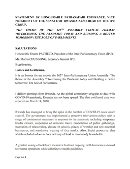 Statement by Honourable Nyirasafari Esperance, Vice President of the Senate of Rwanda Also Head of the Ipu Group. the Theme of T