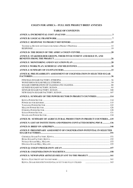 Cogen for Africa – Full Size Project Brief Annexes Table of Contents