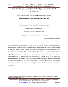 (Impact Factor- 3.25) Syncretic Philosophy and Eclecticism in the Religious Views of Dara Shikoh