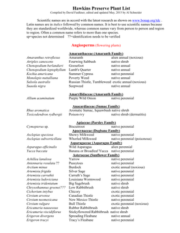 Hawkins Preserve Plant List Compiled by David Faulkner, Edited and Updated May, 2015 by Al Schneider