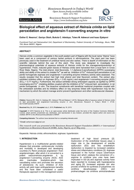 Biological Effect of Aqueous Extract of Heinsia Crinita on Lipid Peroxidation and Angiotensin-1-Converting Enzyme in Vitro