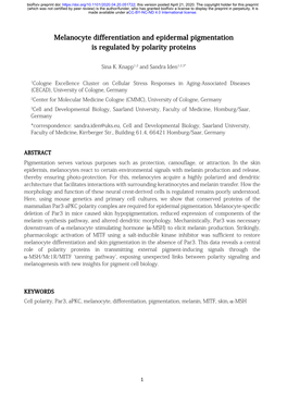 Melanocyte Differentiation and Epidermal Pigmentation Is Regulated by Polarity Proteins