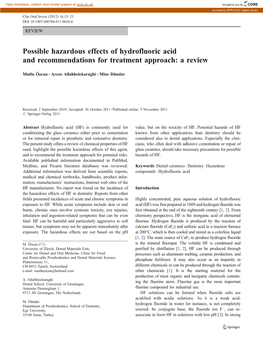 Possible Hazardous Effects of Hydrofluoric Acid and Recommendations for Treatment Approach: a Review