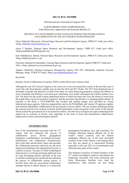 The Role of Earth Observation Satellite During the International Collaboration on the 2012 Nigeria Flood Disaster