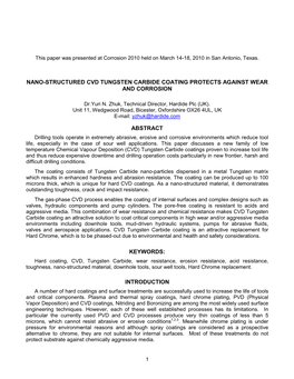 Nano-Structured Cvd Tungsten Carbide Coating Protects Against Wear and Corrosion Abstract Keywords: Introduction