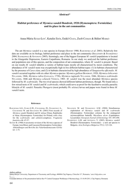 Habitat Preference of Myrmica Vandeli Bondroit, 1920 (Hymenoptera: Formicidae) and Its Place in the Ant Communities