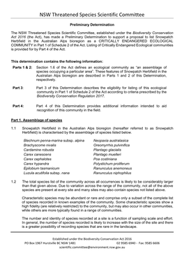 Snowpatch Herbfield in the Australian Alps Bioregion As a CRITICALLY ENDANGERED ECOLOGICAL COMMUNITY in Part 1 of Schedule 2 of the Act