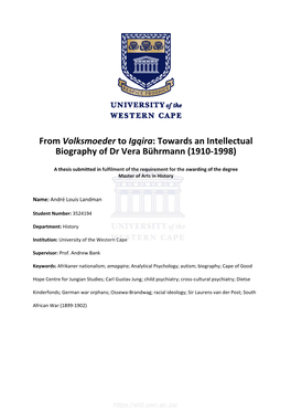 Towards an Intellectual Biography of Dr Vera Bührmann (1910-1998)