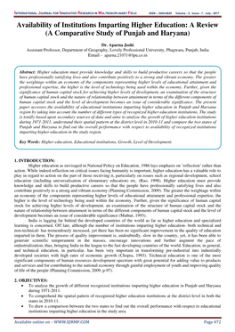 Availability of Institutions Imparting Higher Education: a Review (A Comparative Study of Punjab and Haryana)