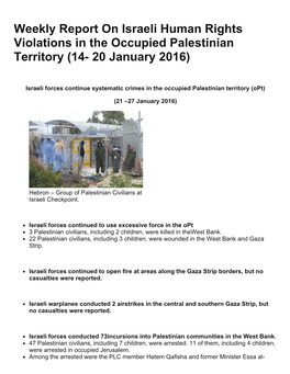 Weekly Report on Israeli Human Rights Violations in the Occupied Palestinian Territory (14­ 20 January 2016)