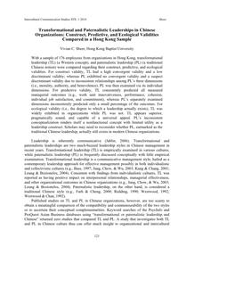 Transformational and Paternalistic Leaderships in Chinese Organizations: Construct, Predictive, and Ecological Validities Compared in a Hong Kong Sample