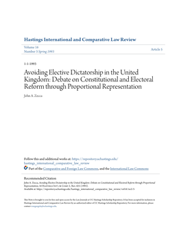 Avoiding Elective Dictatorship in the United Kingdom: Debate on Constitutional and Electoral Reform Through Proportional Representation John A