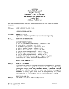 AGENDA Mccall City Council Regular Meeting November 3, 2011 at 5:30 P.M