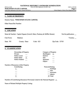 WISCONSIN STATE CAPITOL Page 1 United States Department of the Interior, National Park Service National Register of Historic Places Registration Form