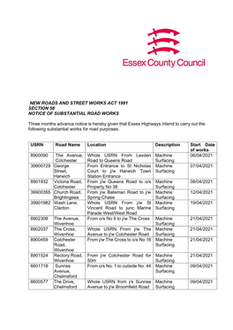 New Roads and Street Works Act 1991 Section 58 Notice of Substantial Road Works