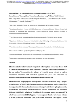 In Vitro Efficacy of Artemisinin-Based Treatments Against SARS-Cov-2 Kerry Gilmore,$1 Yuyong Zhou,$2 Santseharay Ramirez,2 Long V