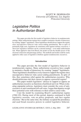 Legislative Politics in Authoritarian Brazil 287