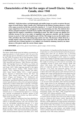 Characteristics of the Last Five Surges of Lowell Glacier, Yukon, Canada, Since 1948