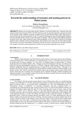 Towards the Understanding of Surnames and Naming Patterns in Meitei Society