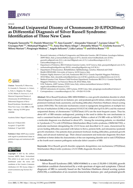 Maternal Uniparental Disomy of Chromosome 20 (UPD(20)Mat) As Differential Diagnosis of Silver Russell Syndrome: Identiﬁcation of Three New Cases