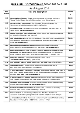 HHS SURPLUS SECONDHAND BOOKS for SALE LIST As of August 2020 Book Title and Description Pricing Number $