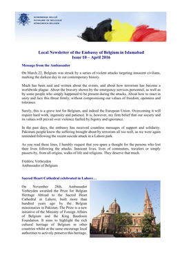 Local Newsletter of the Embassy of Belgium in Islamabad Issue 10 – April 2016