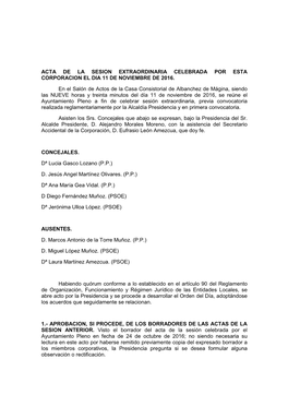 Acta De La Sesion Extraordinaria Celebrada Por Esta Corporacion El Dia 11 De Noviembre De 2016