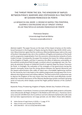 The Threat from the Sea. the Kingdom of Naples Between Piracy, Warfare and Statehood in a Tractatus by Giovan Francesco De Ponte