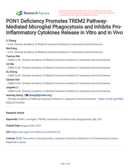 PON1 De Ciency Promotes TREM2 Pathway