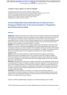 Corona-Independent Excess Mortality Due to Reduced Use of Emergency Medical Care in the Corona Pandemic: a Population- Based Observational Study