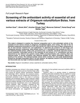 Screening of the Antioxidant Activity of Essential Oil and Various Extracts of Origanum Rotundifolium Boiss