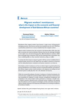 Migrant Workers' Remittances: What Is the Impact on the Economic and Financial Development of Sub-Saharan African Countries?