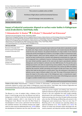 Impact of Industrial Wastewater Disposal on Surface Water Bodies in Kalingarayan Canal, Erode District, Tamil Nadu, India T