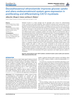 Docosahexaenoyl Ethanolamide Improves Glucose Uptake and Alters Endocannabinoid System Gene Expression in Proliferating and Differentiating C2C12 Myoblasts