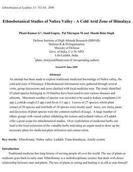 Ethnobotanical Studies of Nubra Valley-A Cold Arid Zone of Himalaya