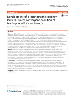 Development of a Lecithotrophic Pilidium Larva Illustrates Convergent Evolution of Trochophore-Like Morphology Marie K