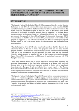 Analysis and Socio-Economic Assessment of the Ebro Transfers Included in the Spanish National Hydrological Plan (Snhp) Introduct