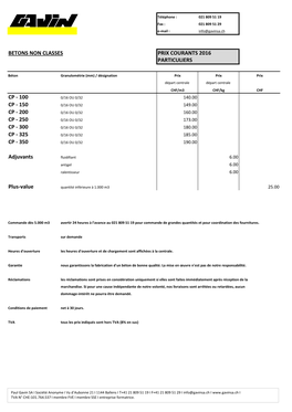 Betons Non Classes Prix Courants 2016 Particuliers Cp